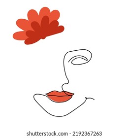 One line face. Linear sketch woman face. Female portrait with red lips vector hand drawn illustration outline.