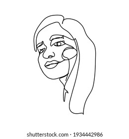 One line face. Minimalist continuous linear sketch woman face. Female portrait black white artwork outline vector hand drawn illustration. 