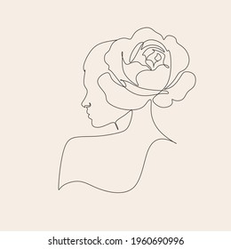 One line face. Minimalist continuous linear sketch woman face. Female portrait black white artwork outline vector hand drawn illustration. Modern art girl head for beauty salon logo