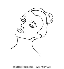 One line face. Minimalist continuous linear sketch woman face. Female portrait black white artwork outline vector hand drawn illustration. Modern art girl head for beauty salon logo