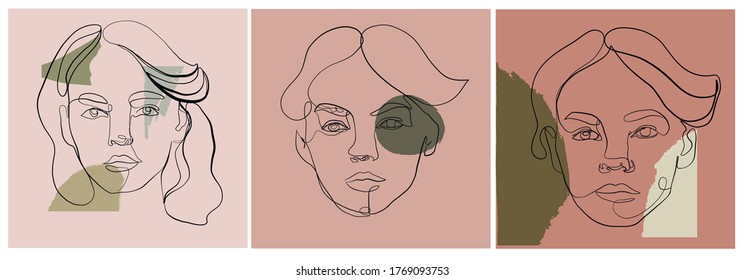 One line face portrait, contemporary abstract colorful shapes. Cubism face. Design trendy. 
