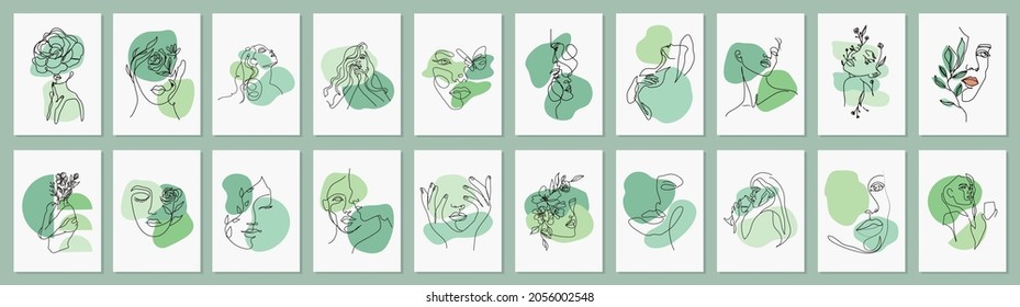One line face poster set. Different people in green color theme. Abstract background theme, cover, banner. Line illustration concept