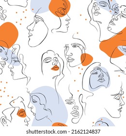 One line face seamless pattern. Abstract woman and man faces. White background