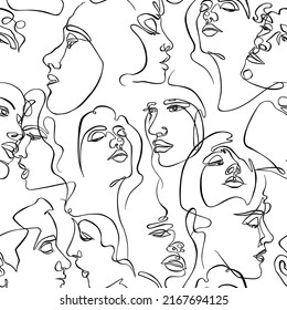 One line face seamless pattern. Abstract woman and man faces. White background