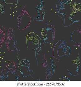 One line face seamless pattern. Abstract woman and man faces. Black background