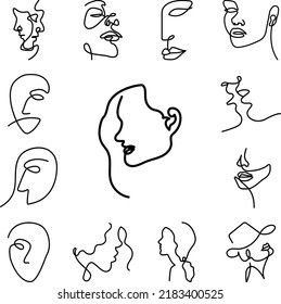 one line, face, woman icon in a collection with other items