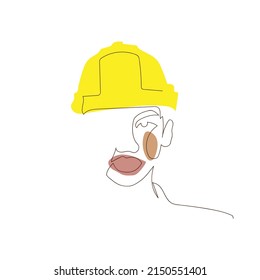 One line face worker man in hardhat. Abstract modern art poster with minimal engineer face. 