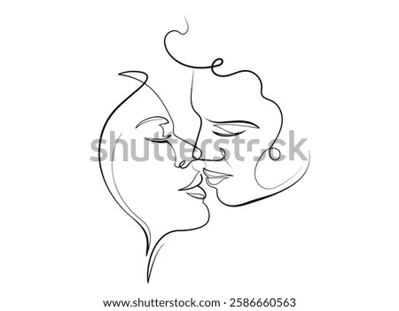 One line faces, couple man and woman. Valentine's day romantic minimalistic vector illustration. Couple kissing line drawing. Love line art.