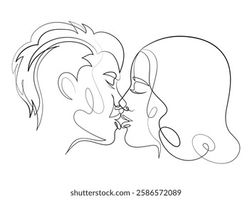 One line faces, lesbian women couple. Valentine's day, Pride month minimalistic vector illustration. Lgbt couple kissing line drawing. Love line art.