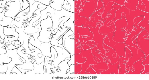 One line faces seamless pattern, couple men and women. Valentine's day minimalistic romantic vector background. Couples kissing line drawing. Love line art.