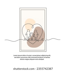 One line family love poster drawing with frame. Abstract minimal continuous line wall decor.