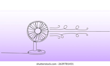 One line fan illustration. Minimalist linear blower cooling system design. Summer heat climate ventilation technology. Gradient background pastel vector