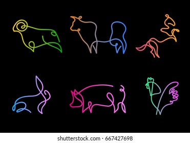 One line farm animals design silhouette.Hand drawn minimalism style vector illustration