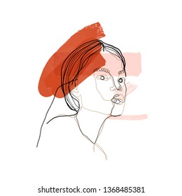 One line fashion woman portrait. Contemporary and modern trendy minimalism style illustration for greeting card, wall art, invitation design. 