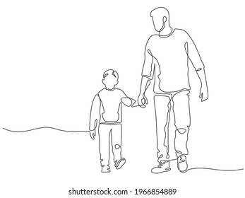 One line father. Dad walking with son. Fatherhood poster with man and child holding hands. Continuous lines happy fathers day vector concept. Cheerful male parent with carefree toddler