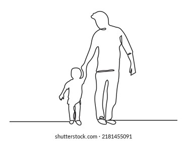 One line father. Dad walking with son. Fatherhood poster with man and child holding hands. Continuous lines happy fathers day vector concept. Cheerful male parent with carefree toddler.