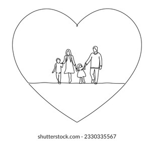 One line of father mother and two children walking with love symbol. Mom and daddy with boy and girl. Father day and parent day. Hand drawn Continuous single line art isolated on white background.