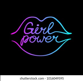 One line female neon lips with girl power inscription isolated on black background. Feminist slogan. Phrase for t-shirts, posters, and cards. 