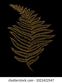 One line fern isolated on black background. Vector sketch.