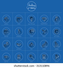 One line financial icon set with long shadow. Part 1