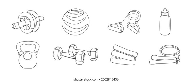 One line fitness gear. Continuous line sport inventory, dumbbells, jump rope, kettlebell, fitball. Vector monoline sport set