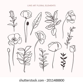 One Line Floral Elements in Minimalist Trendy Style. Continuous line Poppy Flowers and Branches with Leaves. Vector Illustration for printing on T-shirts Posters, Cards, creating logo and Patterns