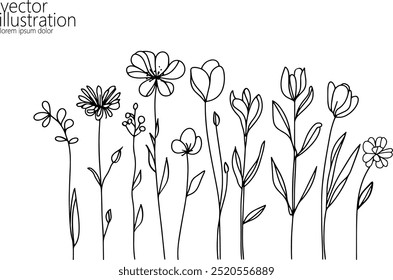  One line floral set element. Black and white monochrome continuous single line art. Floral nature Woman day gift romantic date illustration sketch outline drawing