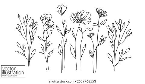 One line floral set element. Black and white monochrome continuous single line art. Floral nature Woman day gift romantic date illustration sketch outline drawing