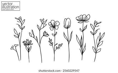 One line floral set element. Black and white monochrome continuous single line art. Floral nature Woman day gift romantic date illustration sketch outline drawing