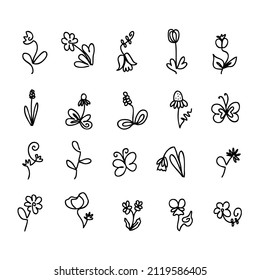 One line flower doodle icons for decorative design. Outline simple vector illustration for decorative design. 


