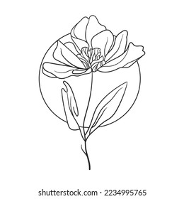 Eine Linie Blumenzeichnung im Kreis. Kontinuierliche Zeichenkunstkunst der Blume mit schwarz-weißem Hintergrund. 