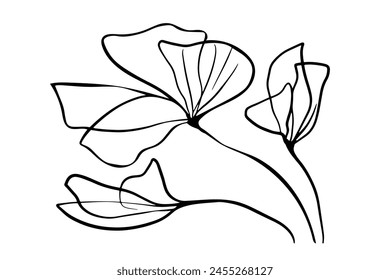 One line flower. minimalism flower blooming doodle style vector illustration. Continuous line drawing Black contour isolated spring symbol for poster, card, invitation, social media design