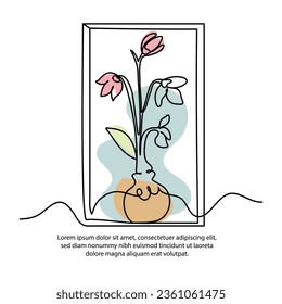 One line flower vase poster drawing with a beautiful frame. Abstract minimal continuous line wall decor.
