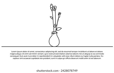 One line flower vase poster drawing with a beautiful frame. Abstract minimal continuous line wall decor.