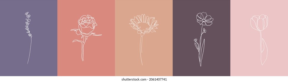 One line flowers posters set. Organic style 