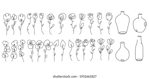 Eine Linie blüht trendige Kollektion . Set von verschiedenen Doodle-Blumenelementen. Abstrakte Romantik 
 konturblütige Clipart. Einfaches und minimalistisches Logo.