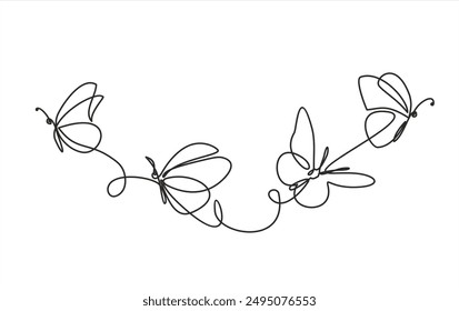 One line flying butterflies design silhouette. Hand drawn minimalism style vector illustration