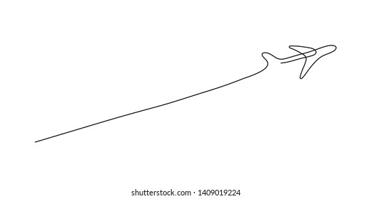 One line flying plane, travelling by plane template design concept. Start business project. Hand drawn minimalism style vector illustration