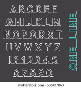 One line font, latin alphabet letters and numbers, white isolated on grey background, vector illustration.
