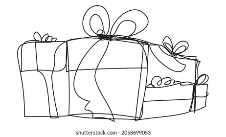 One line gifts on a white background. Boxes with bows on isolate. Festive monochrome vector illustration.