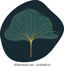 One line gingko biloba leaf vector illustration with abstract green colored background shapes and golden strokes.