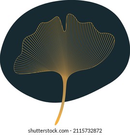 One line gingko biloba leaf vector illustration with abstract dark green colored background shape and golden strokes.