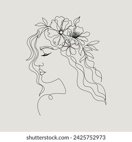 One Line Girl with Flowers