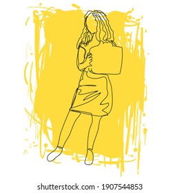 One line Girl with a gift on a white background. Woman receiving congratulations on the holiday. Nice win. Vector illustration. Editable path. Cover, avatar, flyer design, prize drawing character.