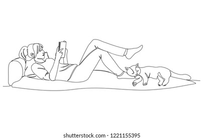 One line girl reading in bed with a cat. Vector sketch isolated on white background. Relax at home. Continuous line drawing.