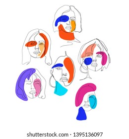 One line girl or woman portrait. Surrealistic abstract doodle style faces with colorful elements and shapes. Hand drawn female character. 