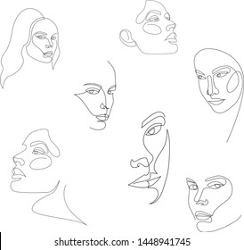 One line girl or woman portrait design set. Hairstyle, fashion concept, woman beauty minimalist, vector illustration for t-shirt, slogan design print graphics style