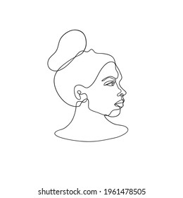 One Line Girl Or Woman Portrait Design. Hand Drawn Minimalism Style Vector Illustration. With Hair Pulled Back.