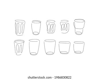 One line glass cup juice, cocktails and alcohol. Drink to go. Vector illustration isolated on a white backgrounds. 