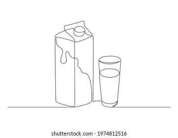 One line glass of milk and milk package. Continuous line milk and carton box, organic food concept. Modern vector graphic illustration